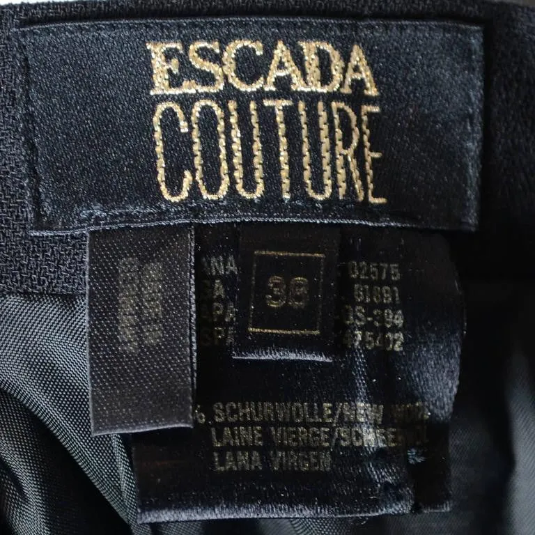 1990's Escada Couture Vintage Skirt Suit Black Wool Crepe Velvet Silk 38 Germany