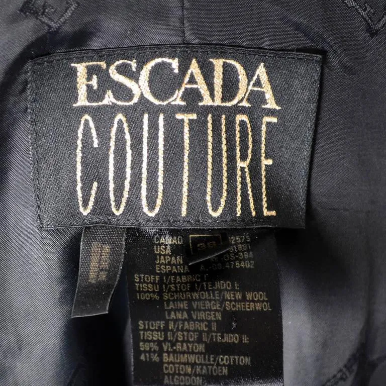 1990's Escada Couture Vintage Skirt Suit Black Wool Crepe Velvet Silk 38 Germany