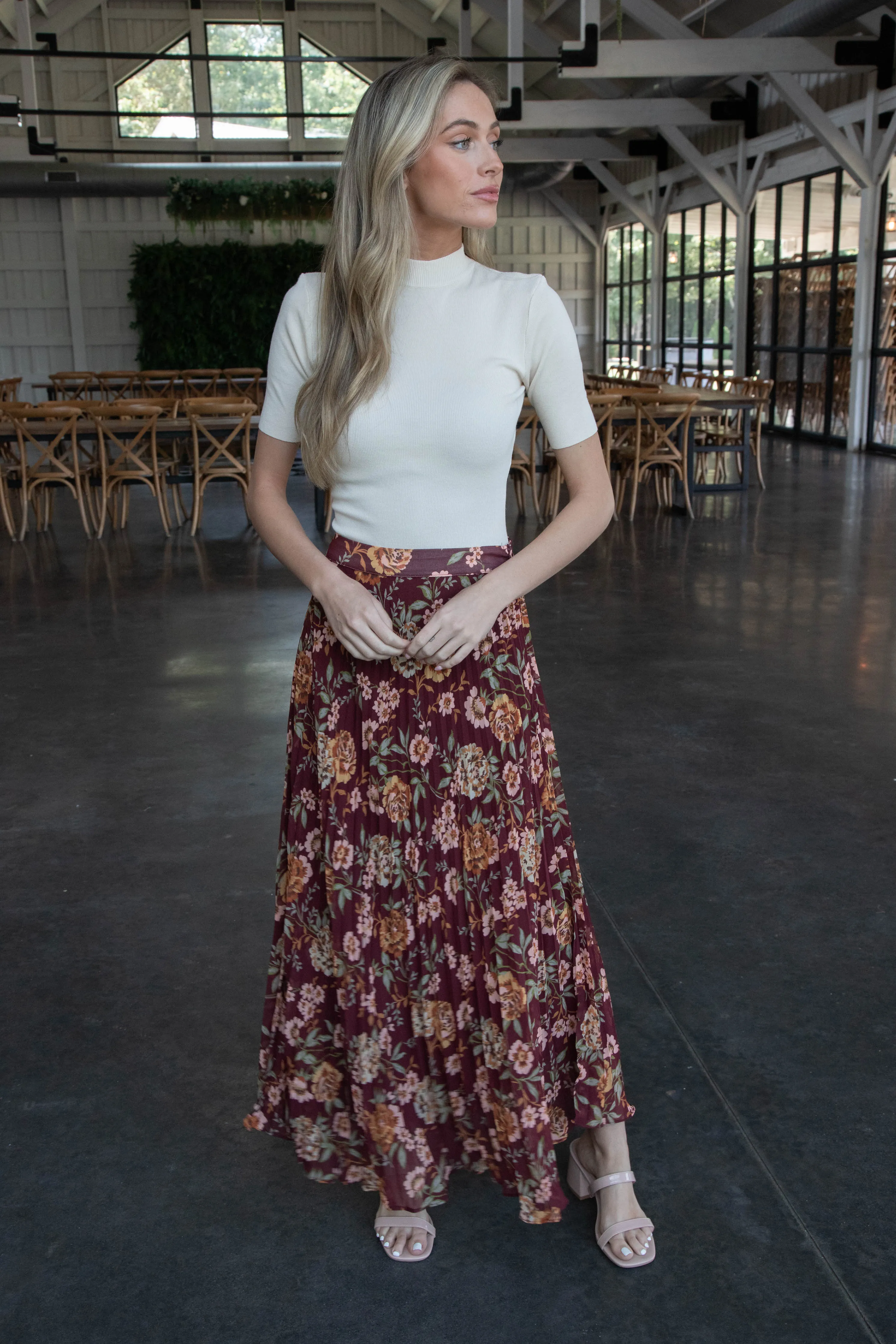 Ariya Floral Pleated Midi Skirt, Marsala Peach