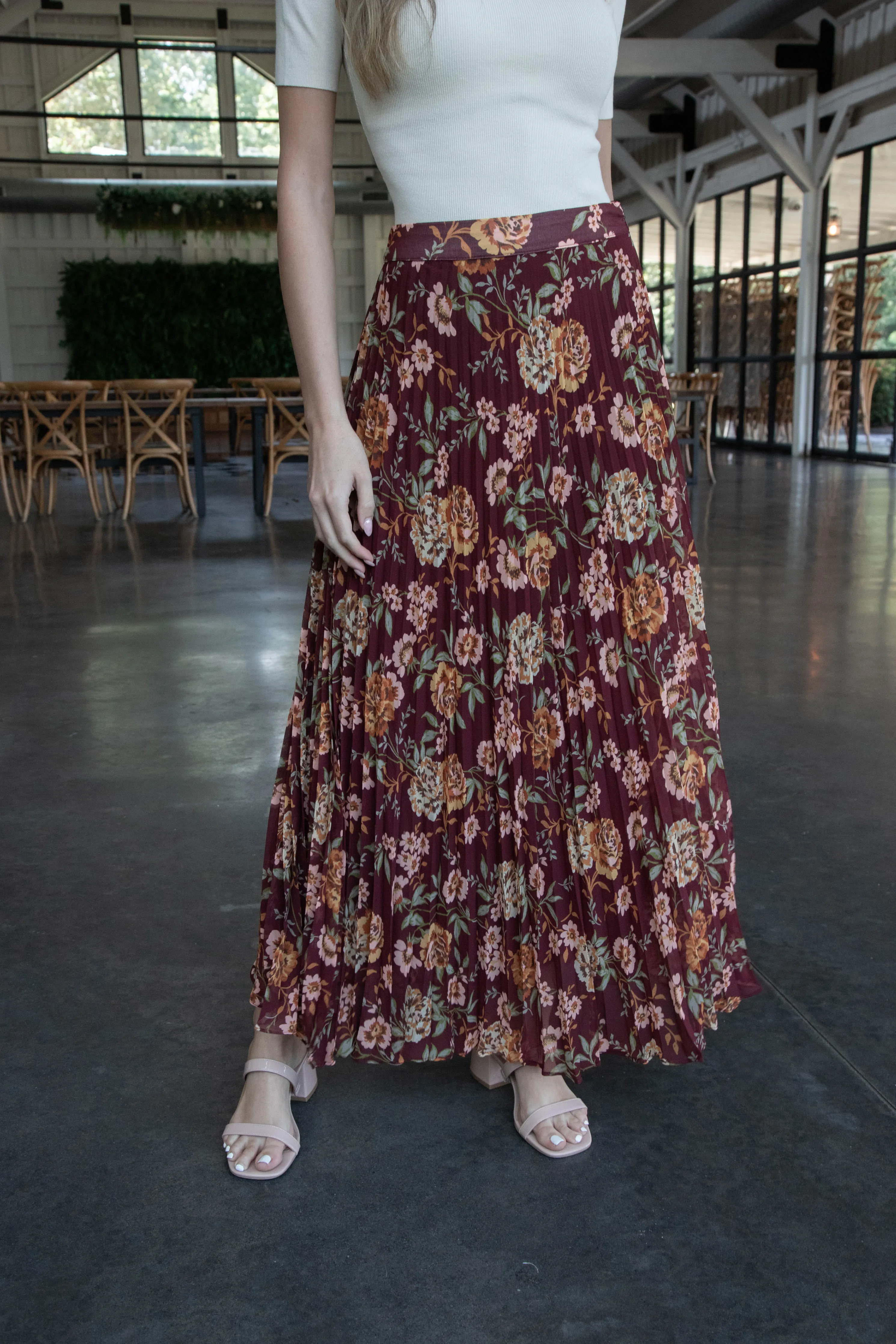 Ariya Floral Pleated Midi Skirt, Marsala Peach