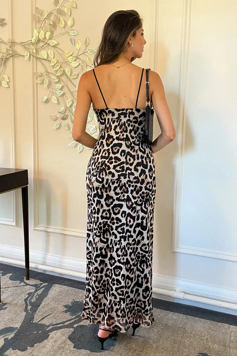 AX PARIS MULTI LEOPARD PRINT MESH COWL NECK SLIP MIDI DRESS