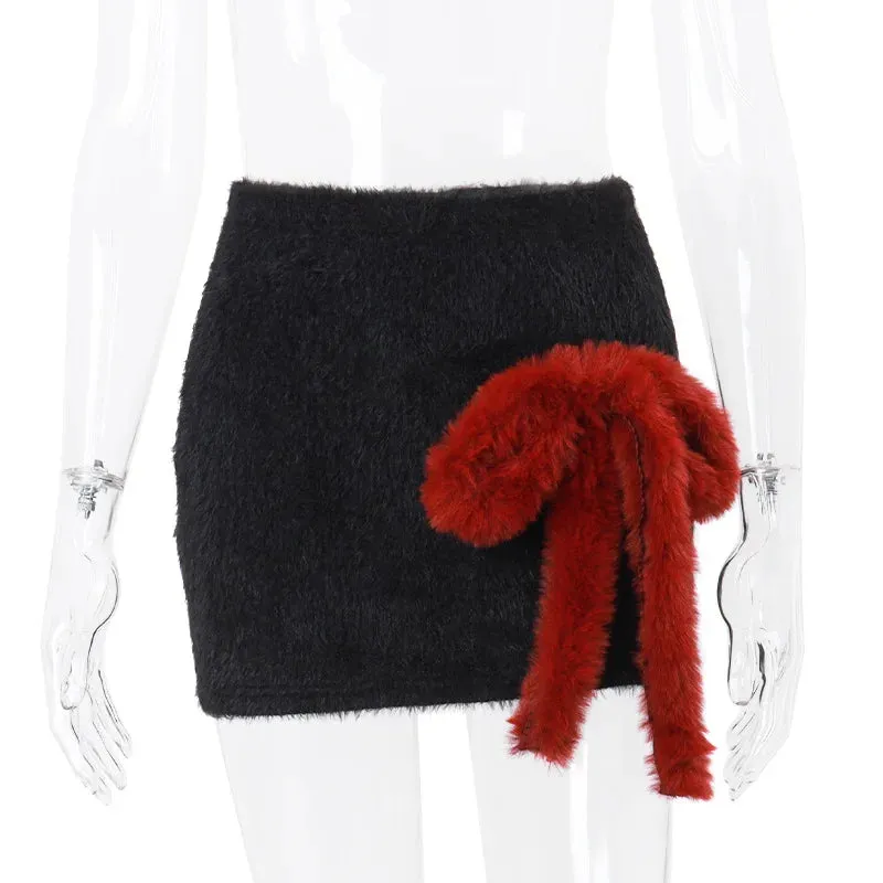 Black Fuzzy Stylish Bow Mini Skirt