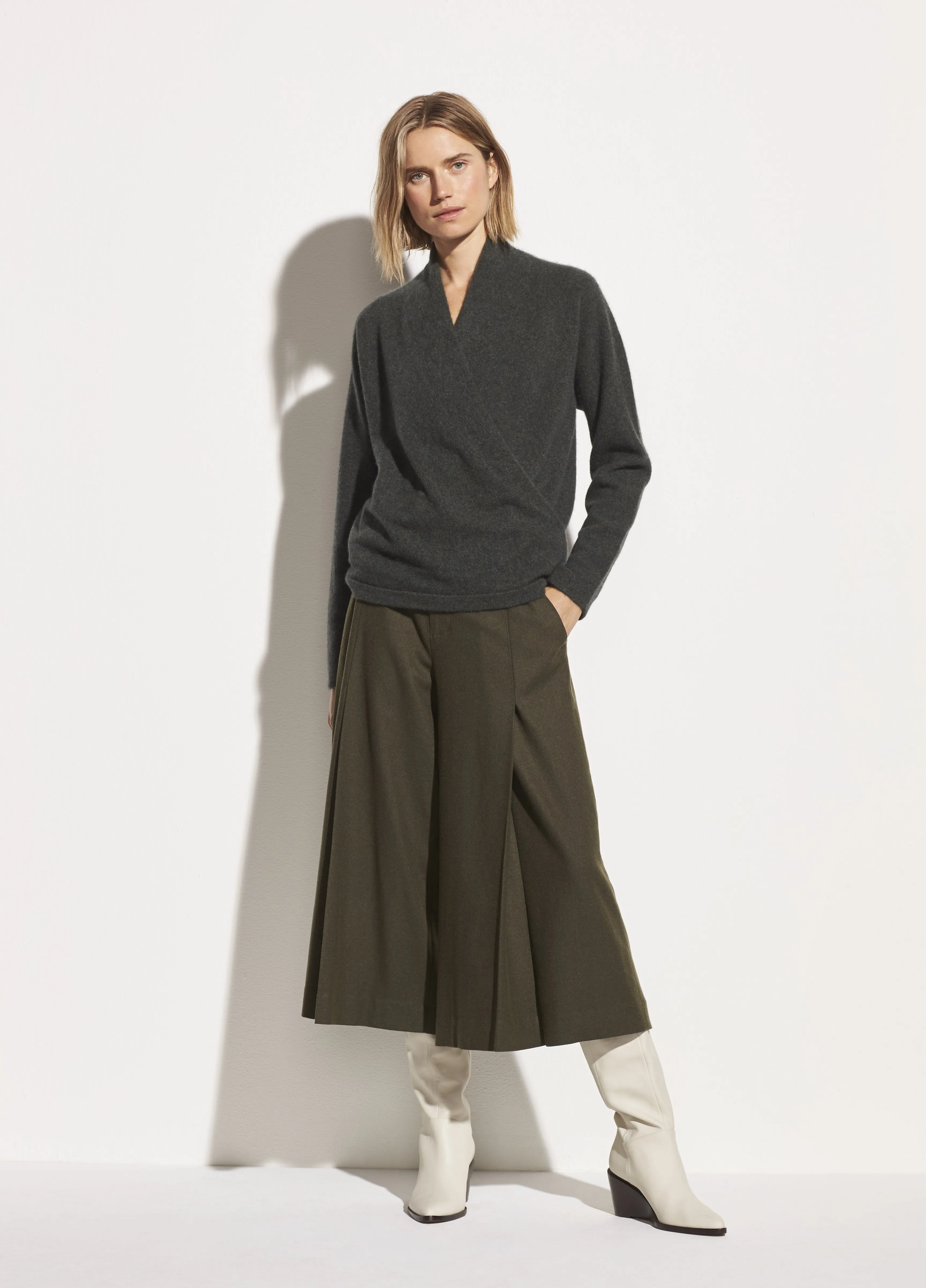 Boiled Cashmere Wrap Front Pullover in Heather Moss