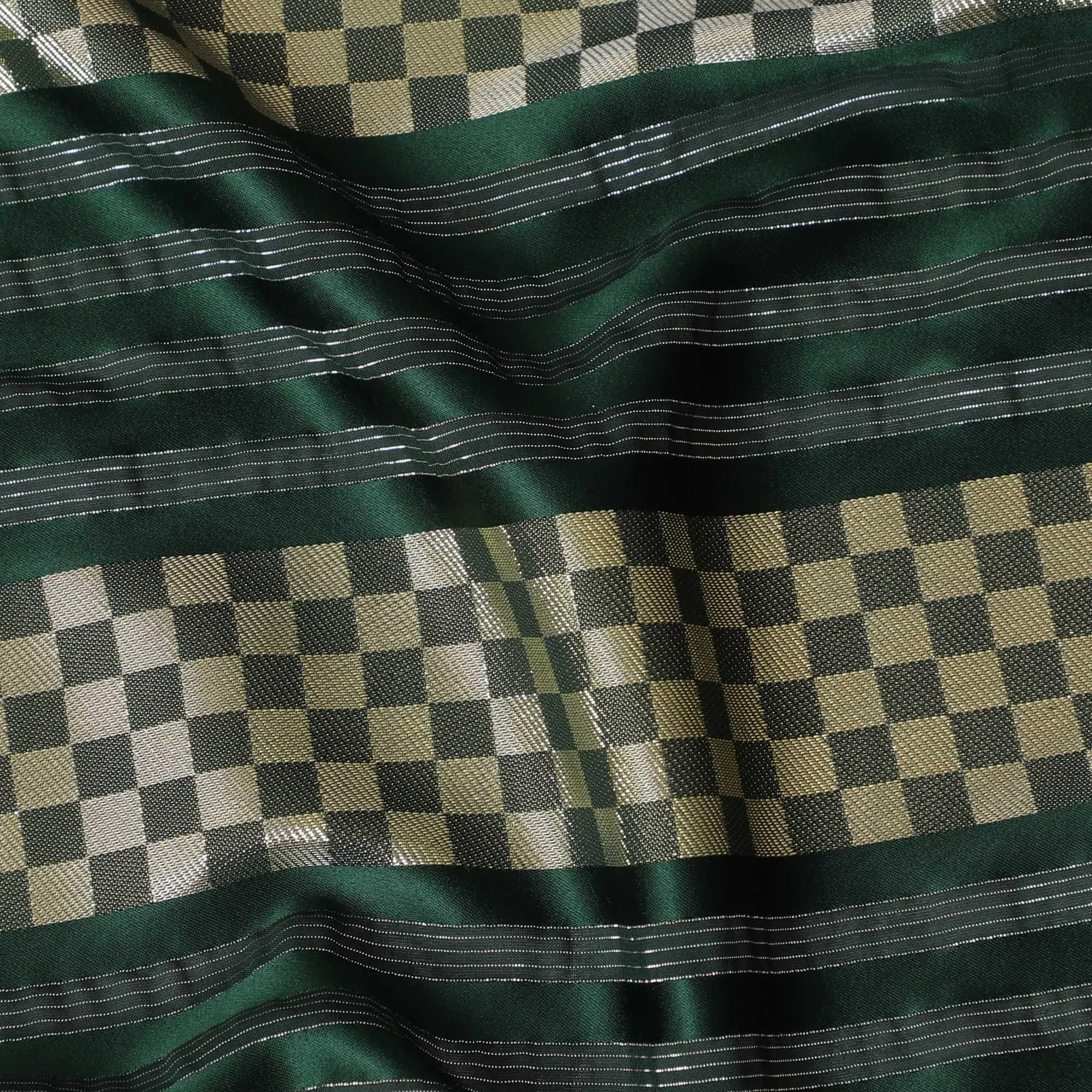 Bottle green synthetic crepe fabric with gold metallic lurex weave in stripe design-D15382