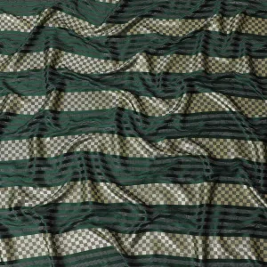 Bottle green synthetic crepe fabric with gold metallic lurex weave in stripe design-D15382