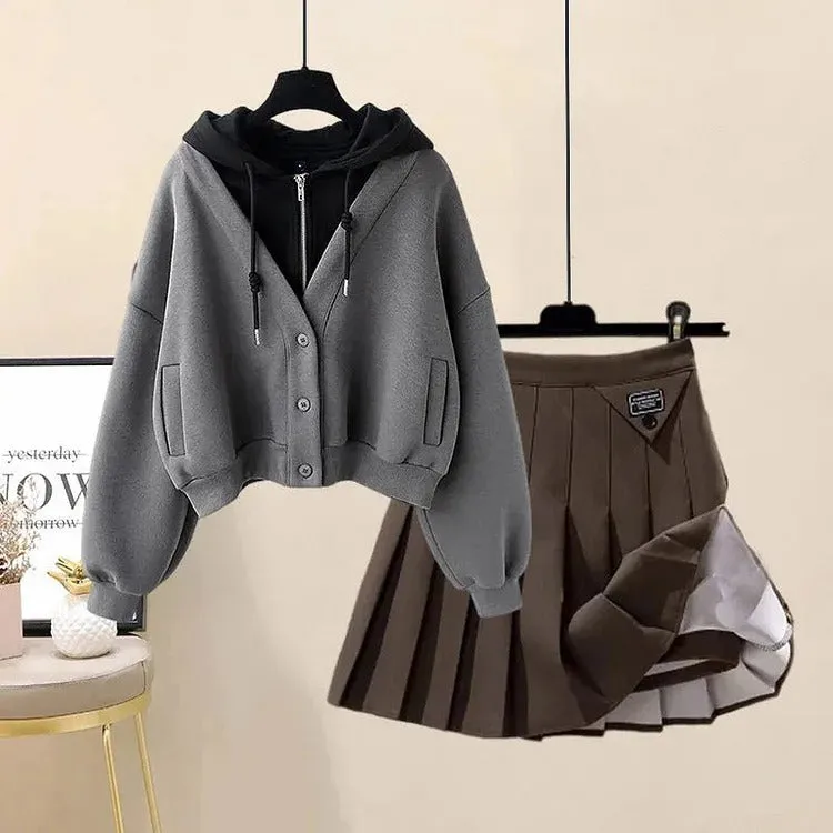 Chic Preppy Pockets Hoodie Coat & Pleated Skirt Ensemble