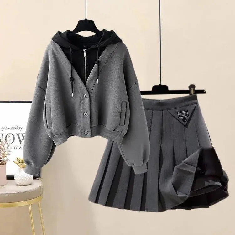 Chic Preppy Pockets Hoodie Coat & Pleated Skirt Ensemble