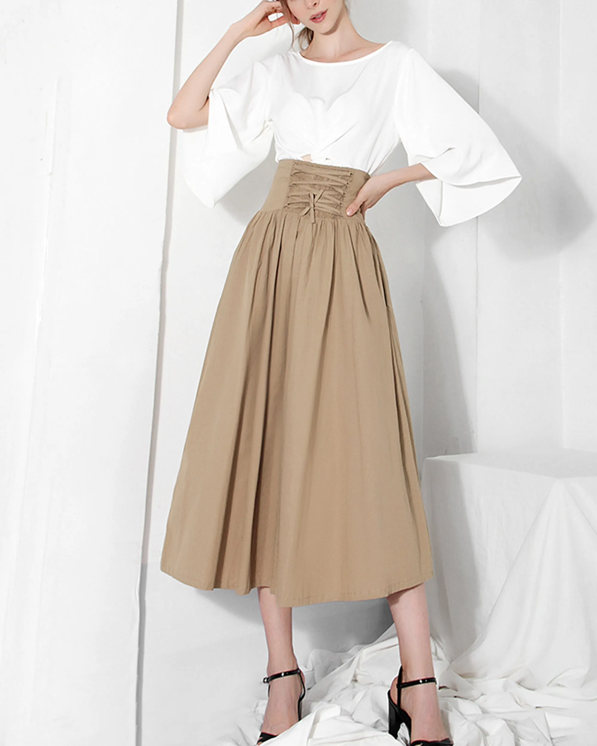 Cotton skirt women/A-line skirt/Women Midi skirt/summer skirt/elastic waist skirt/long skirt/skirt with pockets L0066