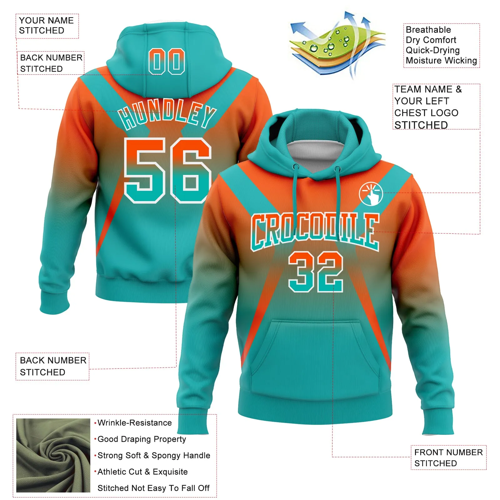 Custom Stitched Orange Aqua-White Fade Fashion Arrow Sports Pullover Sweatshirt Hoodie