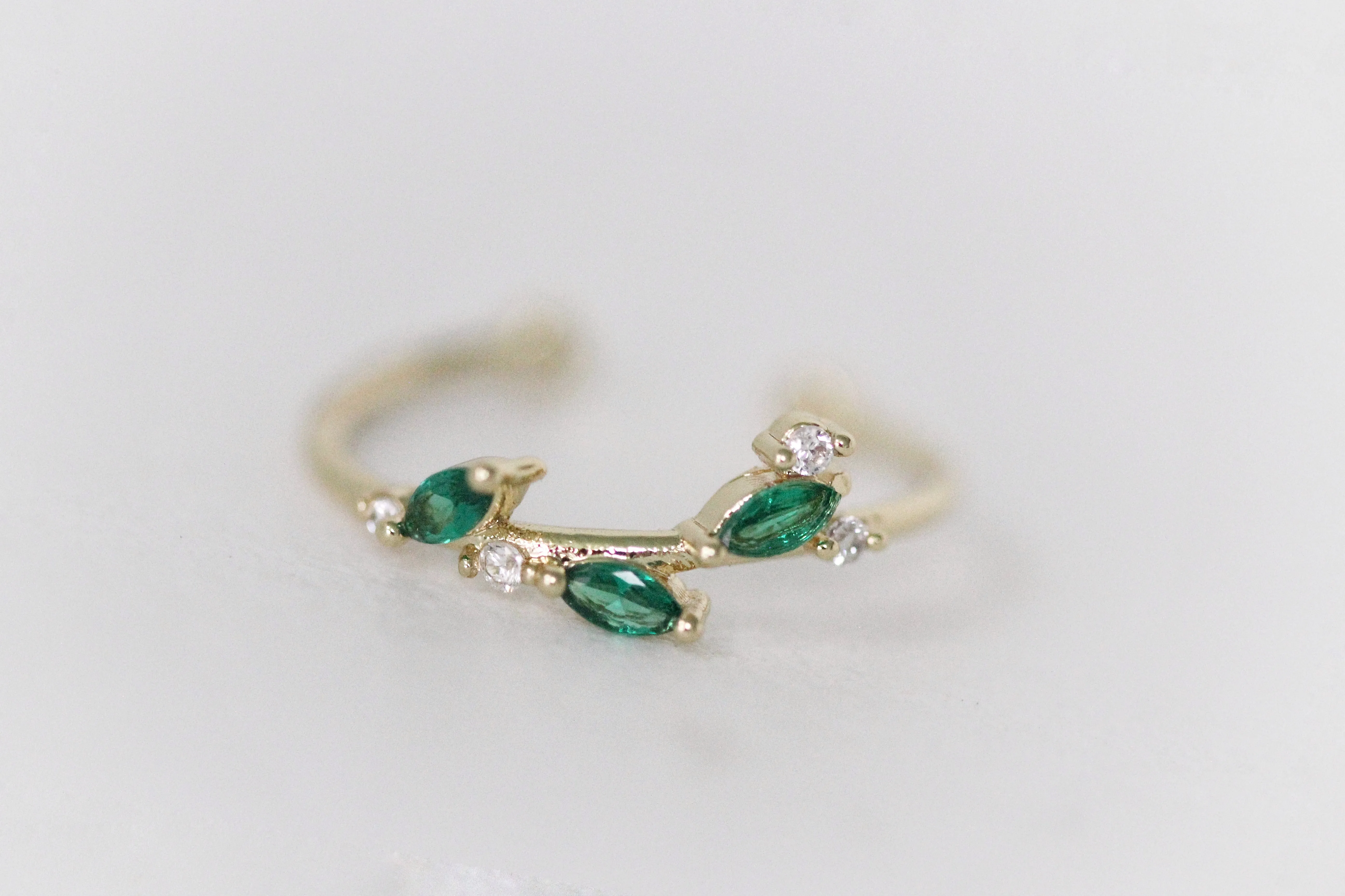 Enchanted Forest Green Crystals Leaves Ring