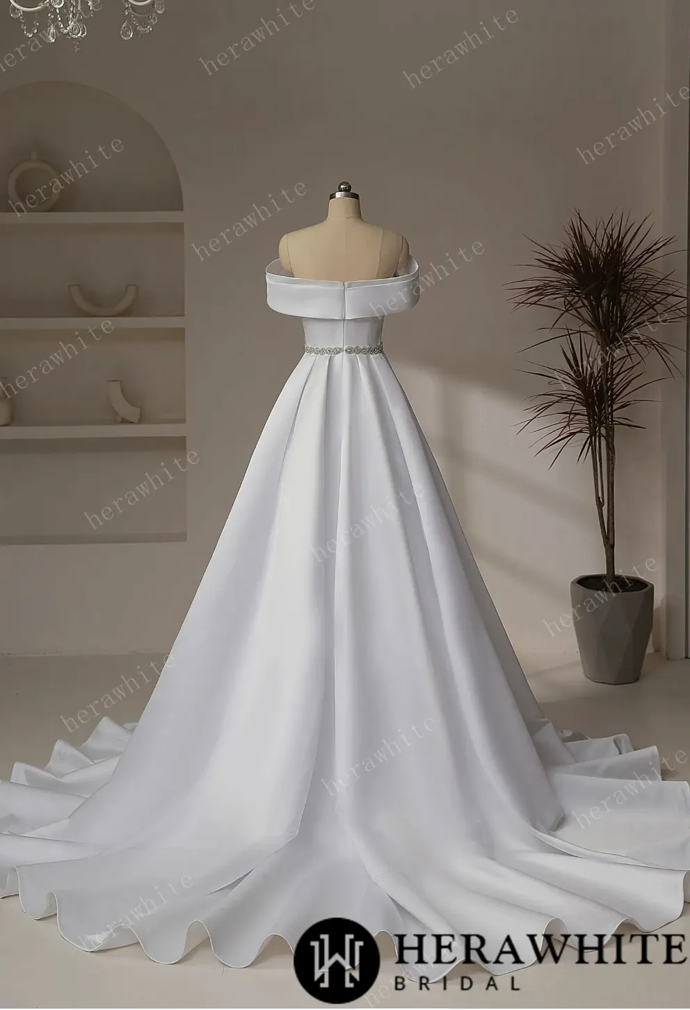 Exquisite Off-Shoulder Satin Wedding Dress with Crystal Waistband