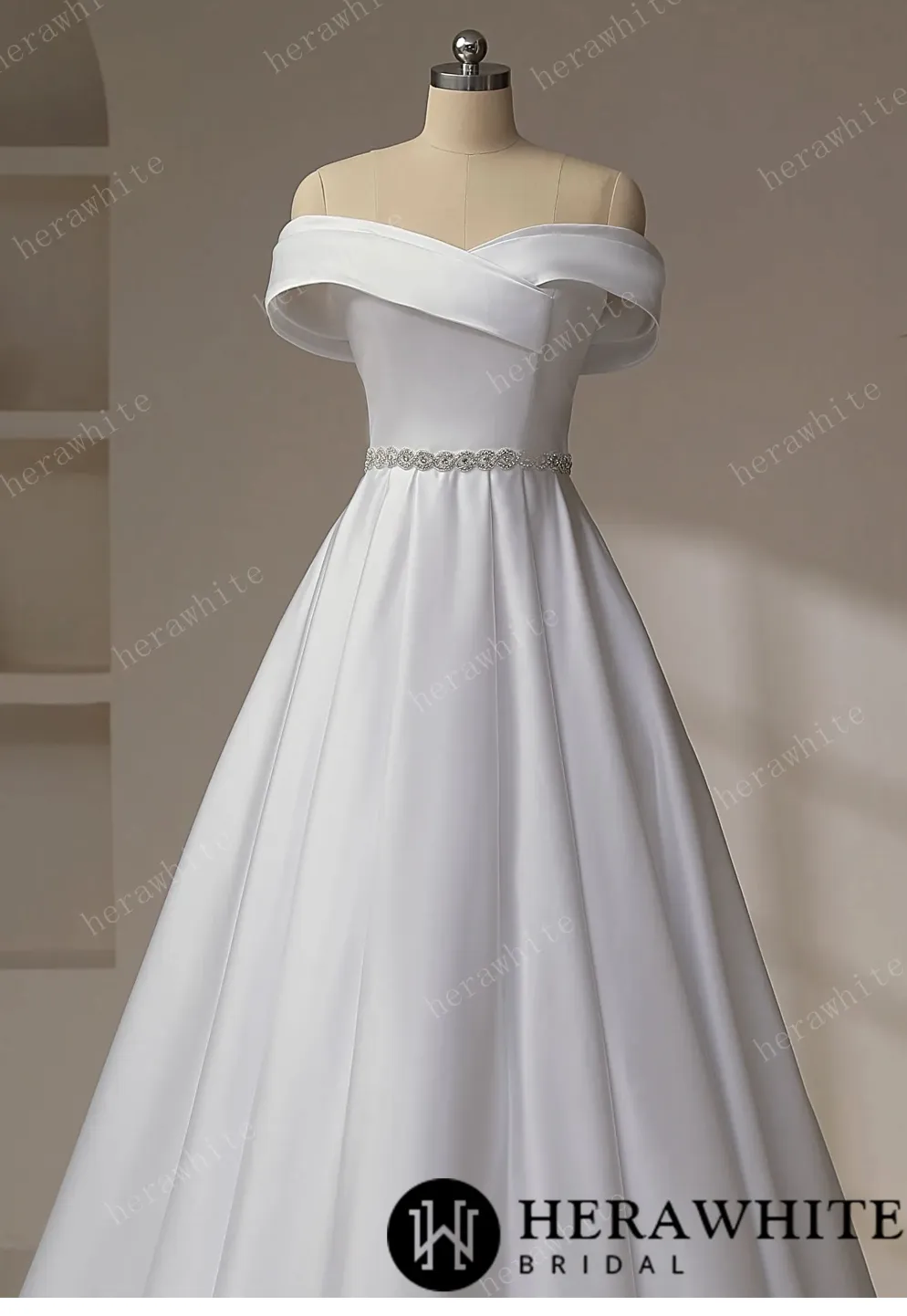 Exquisite Off-Shoulder Satin Wedding Dress with Crystal Waistband