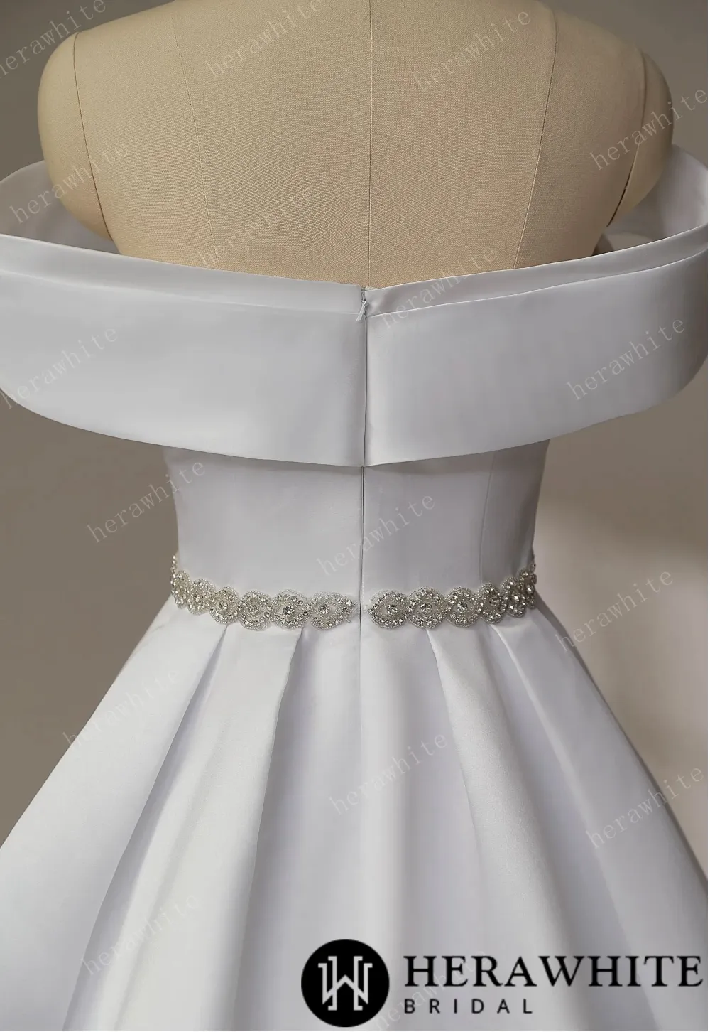 Exquisite Off-Shoulder Satin Wedding Dress with Crystal Waistband