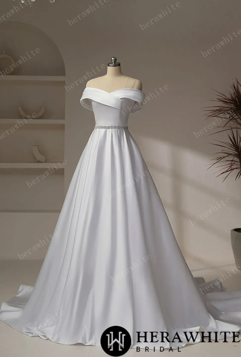 Exquisite Off-Shoulder Satin Wedding Dress with Crystal Waistband