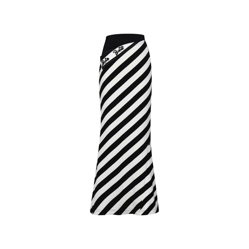 FAME black white striped contrast beaded waist fishtail long skirt - Tuggi