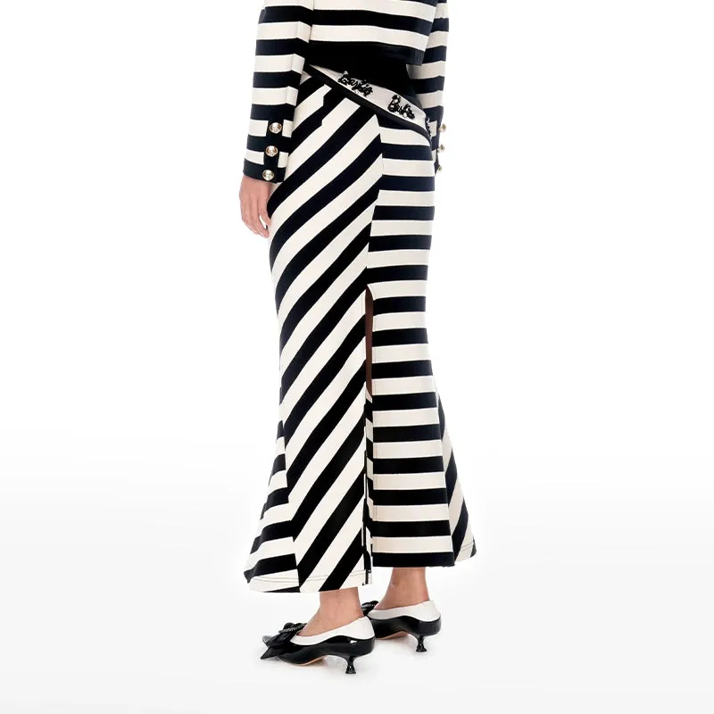 FAME black white striped contrast beaded waist fishtail long skirt - Tuggi