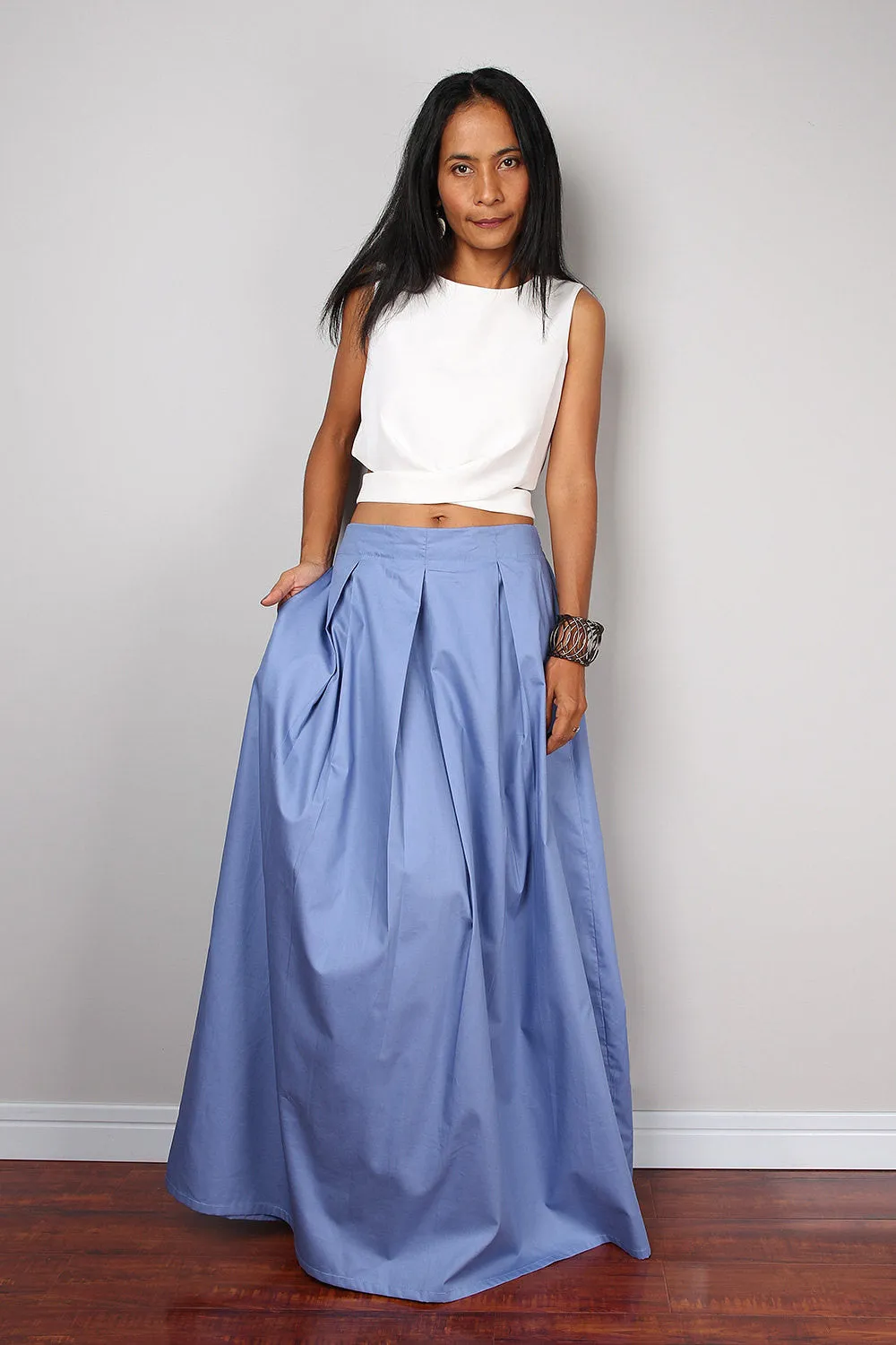 Floor length soft blue maxi skirt