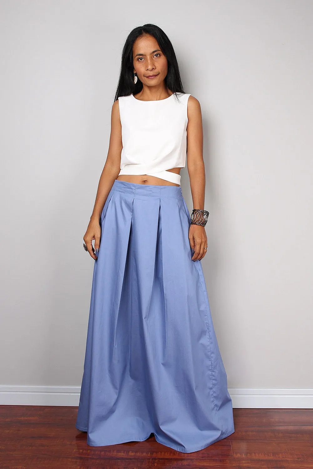 Floor length soft blue maxi skirt