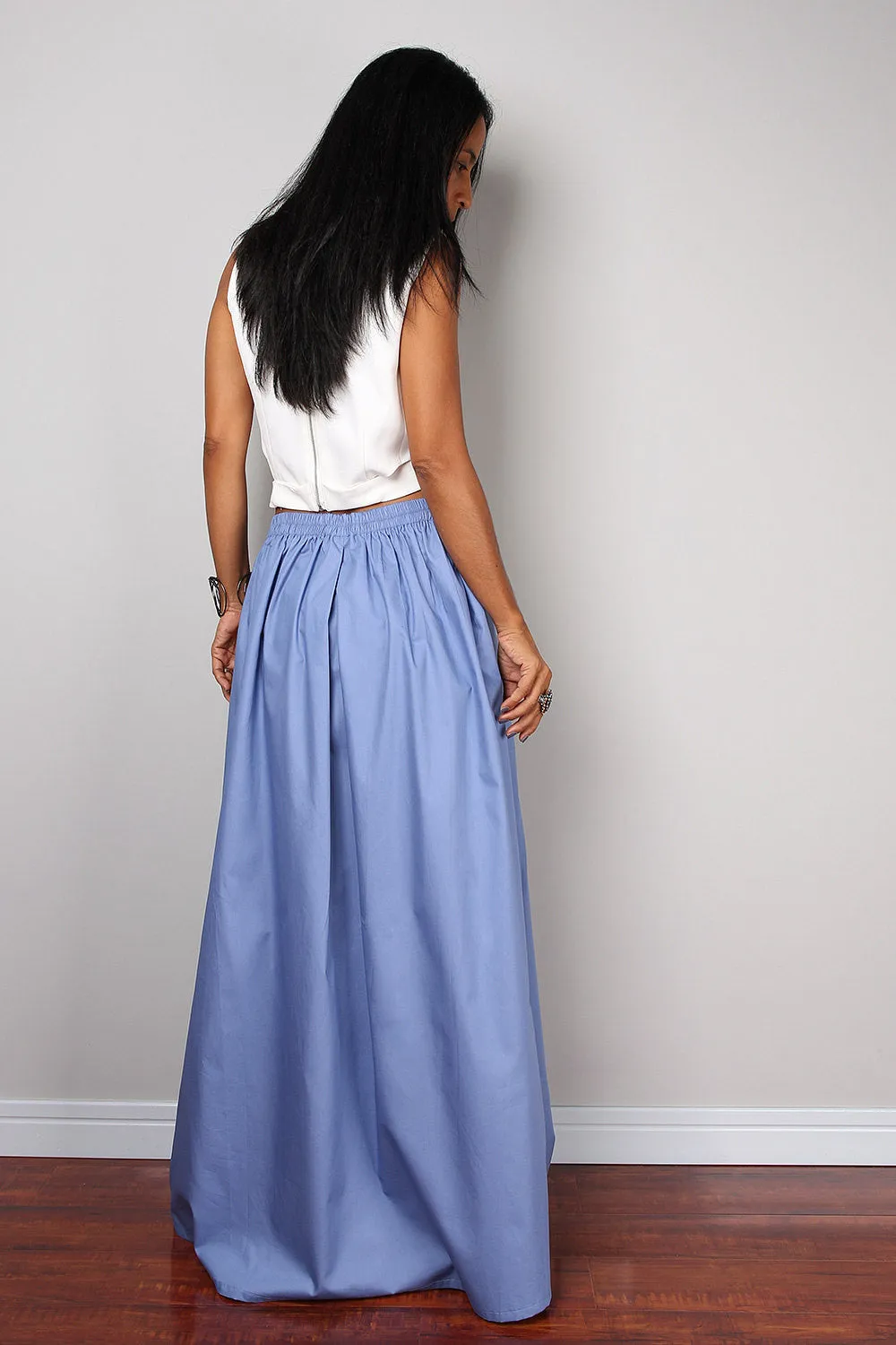 Floor length soft blue maxi skirt