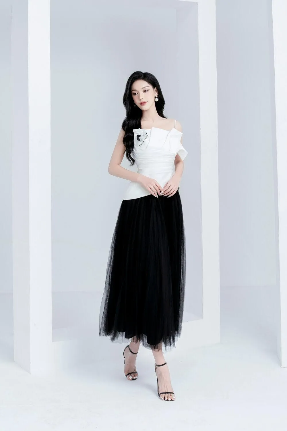 Harriet Pleated Layered Mesh Ankle Length Skirt