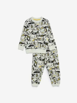 HOP Kids Off-White Printed Sweatshirt and Joggers Set