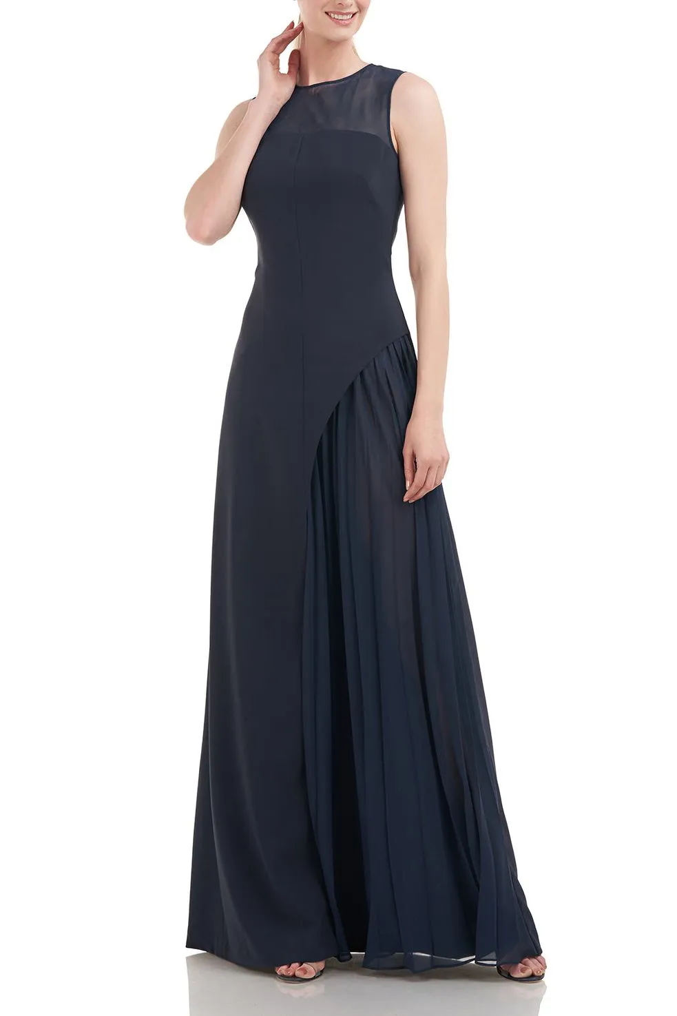 Kay Unger illusion jewel neck sleeveless zipper closure asymmetrical skirt pleated stretch crepe gown with chiffon underlay