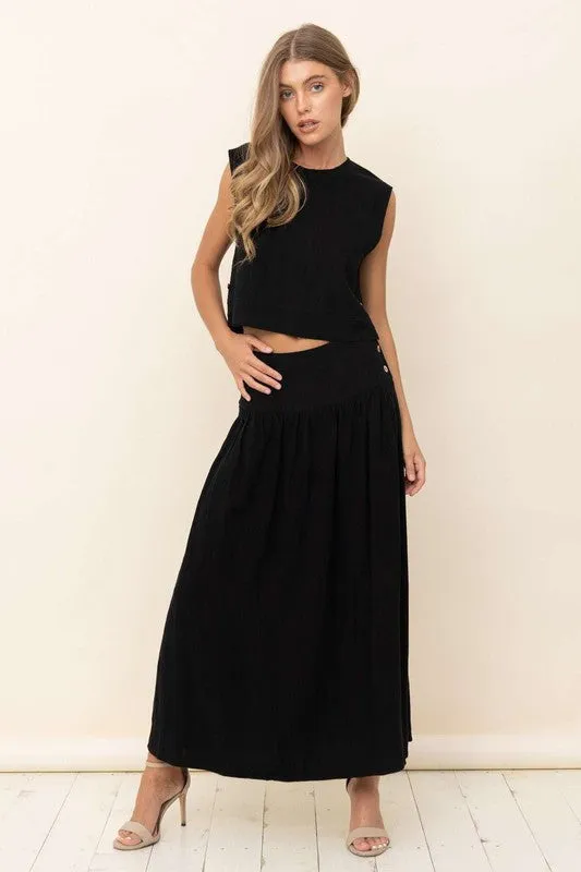 LINEN BLEND MAXI SKIRT WITH SIDE BUTTONS