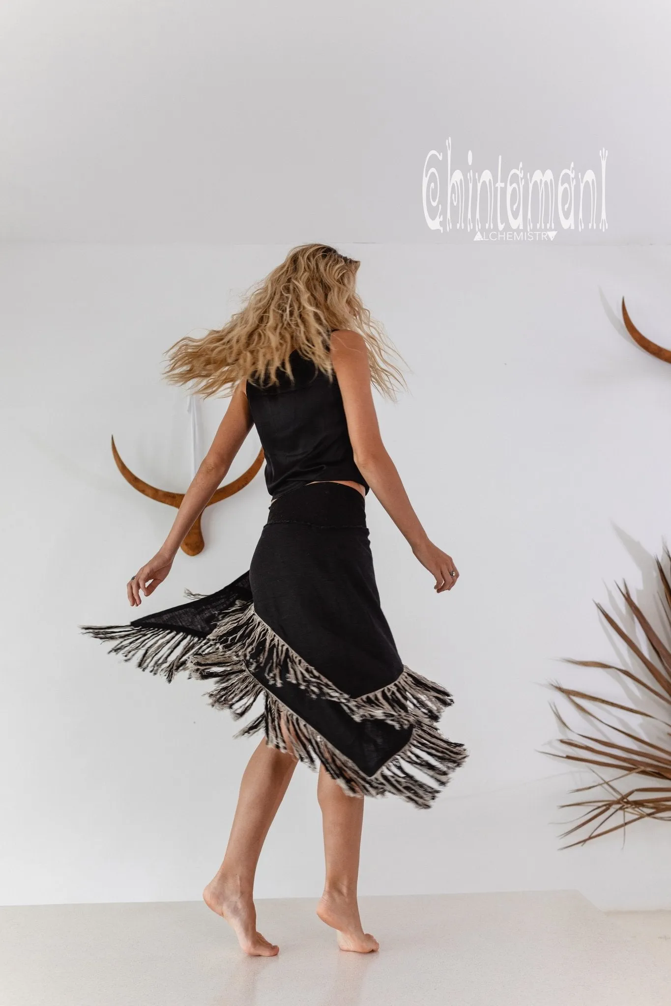 Linen Boho Wrap Skirt with Fringes / Black