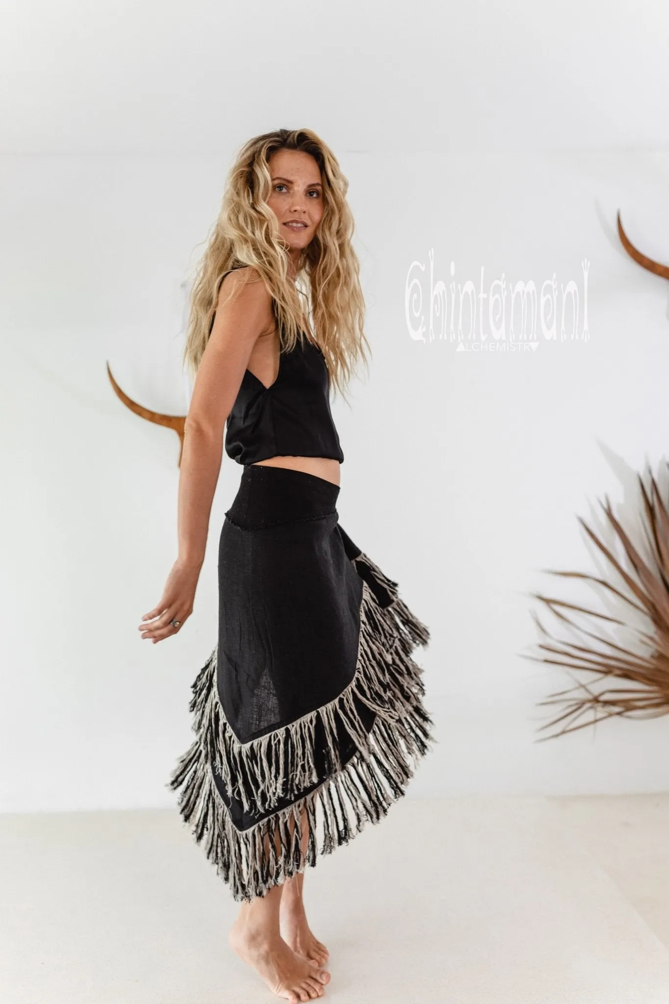 Linen Boho Wrap Skirt with Fringes / Black