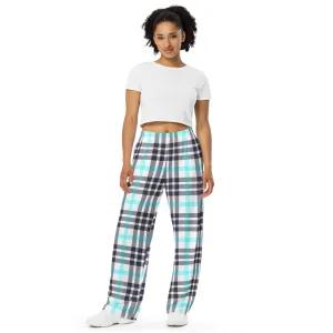 M Kemp White and Cyan Plaid unisex wide-leg pants