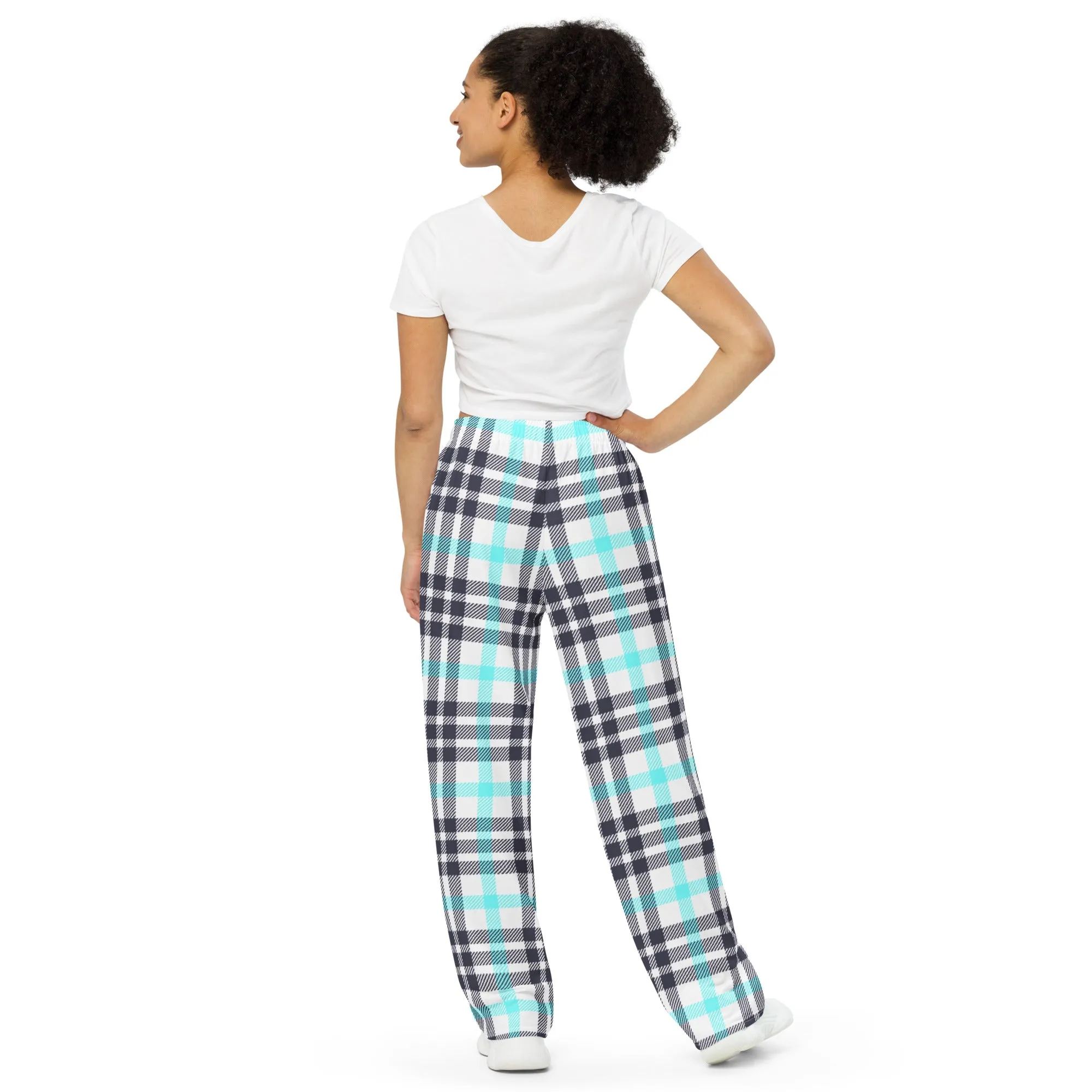 M Kemp White and Cyan Plaid unisex wide-leg pants