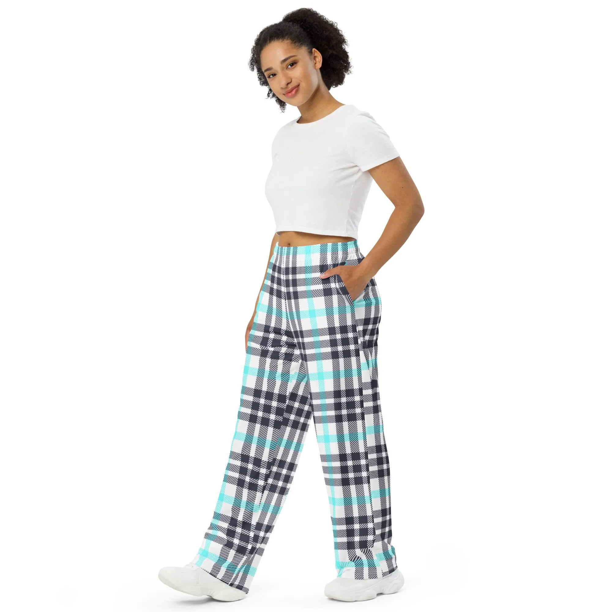 M Kemp White and Cyan Plaid unisex wide-leg pants