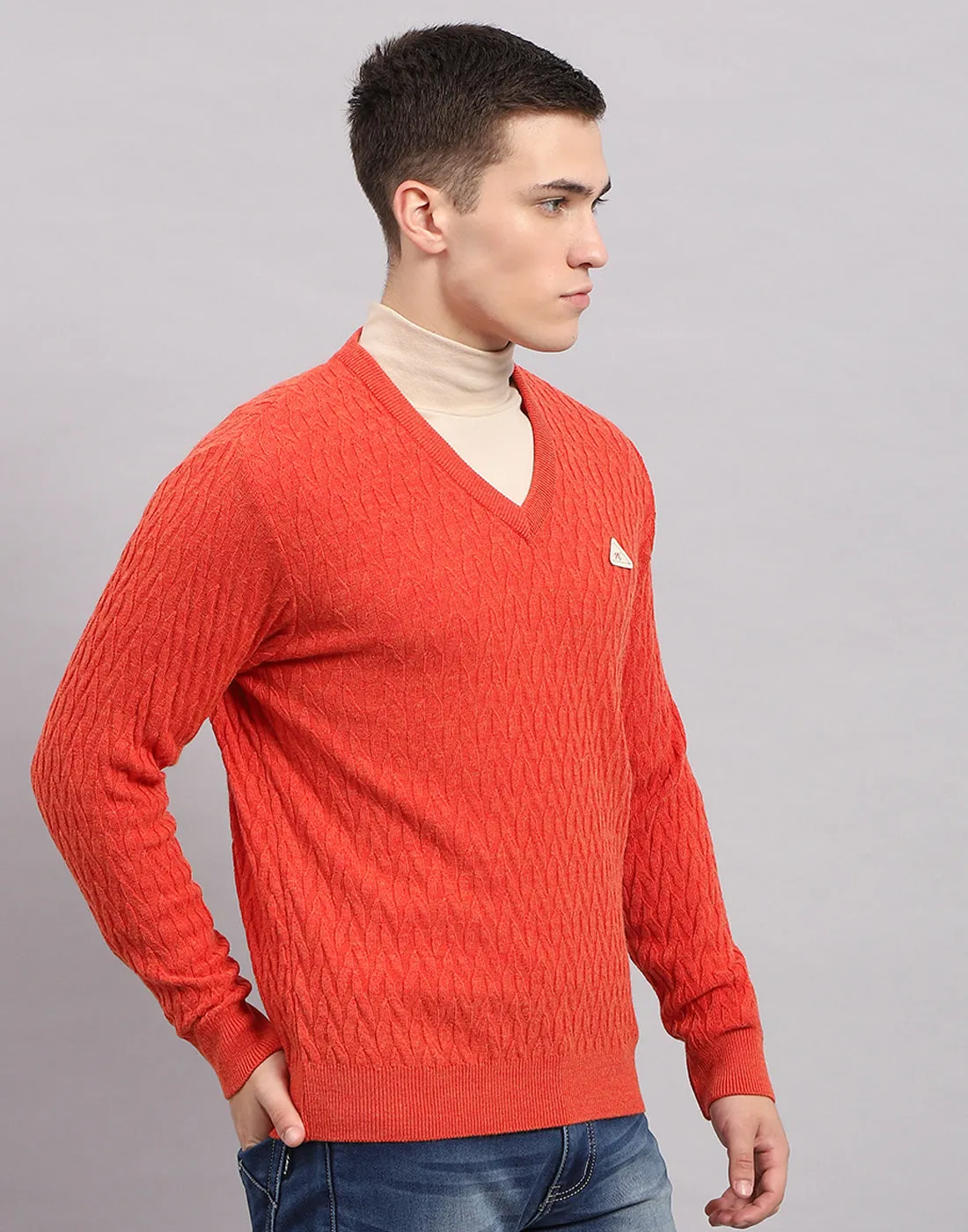 Men Orange Self Design V Neck Full Sleeve Pullover