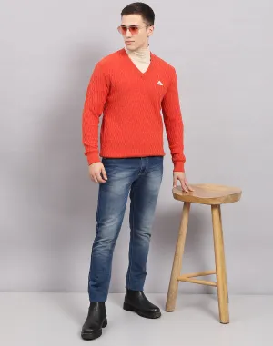 Men Orange Self Design V Neck Full Sleeve Pullover