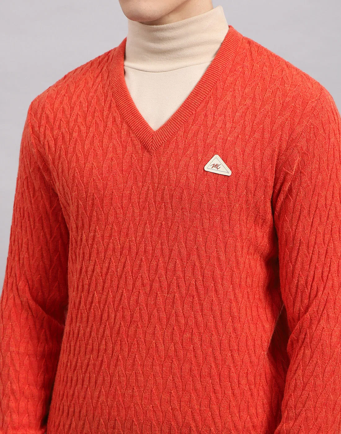 Men Orange Self Design V Neck Full Sleeve Pullover