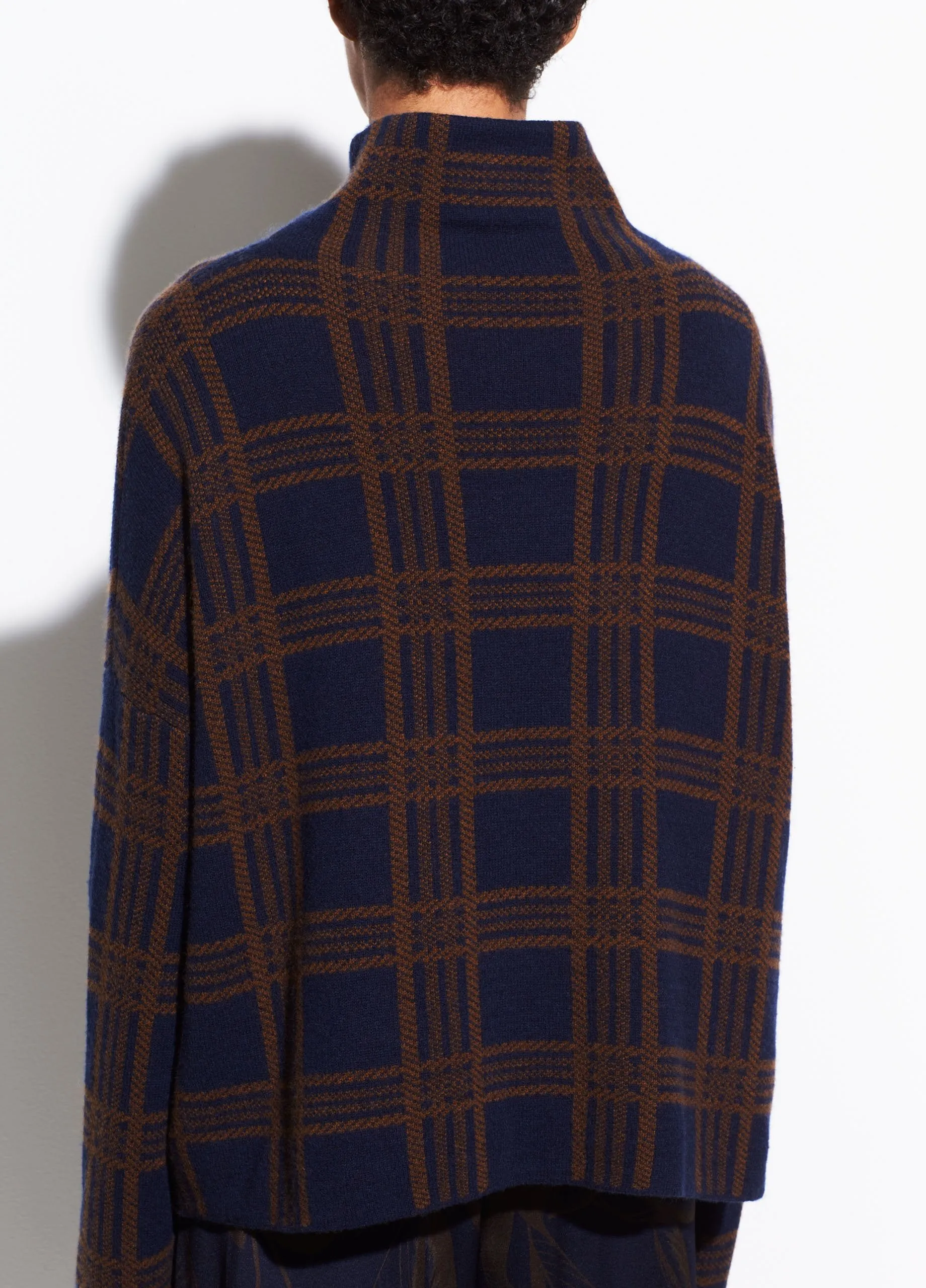 Plaid Wool Cashmere Funnel Neck in Marine/Umbra