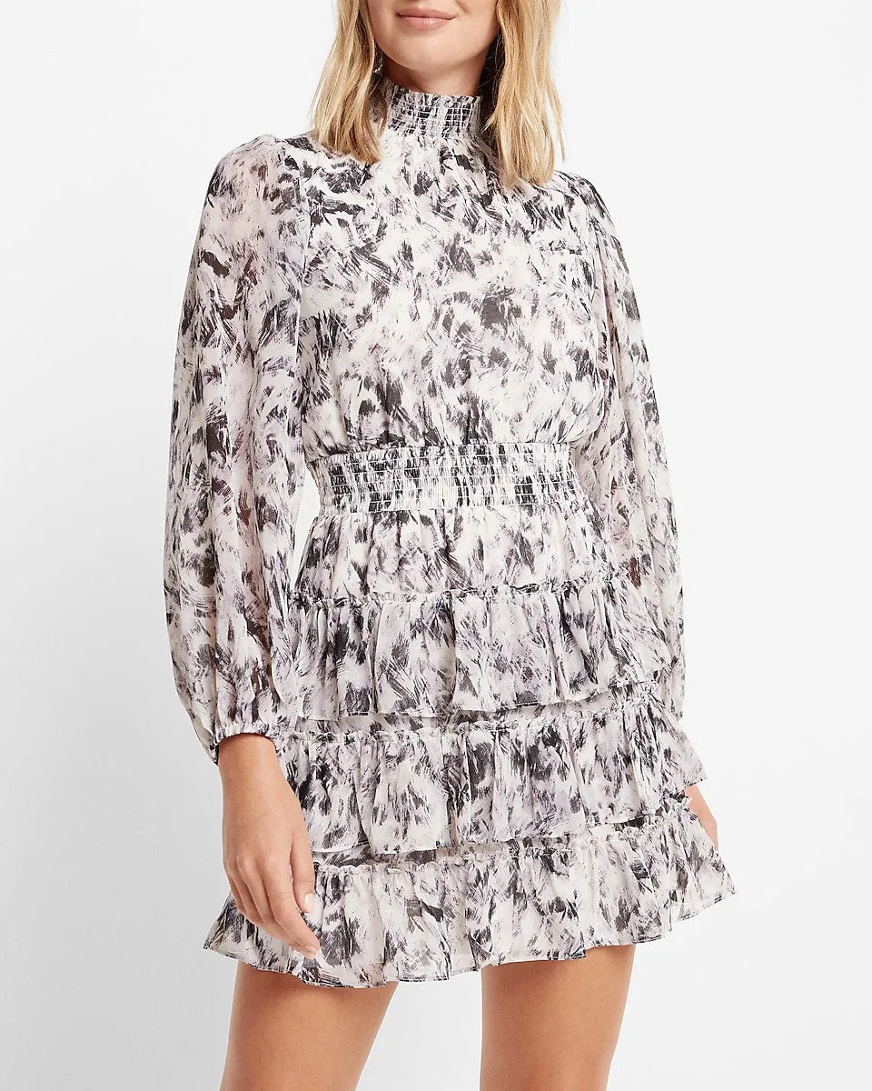 Printed Mock Neck Long Sleeve Tiered Ruffle Dress in Black Print