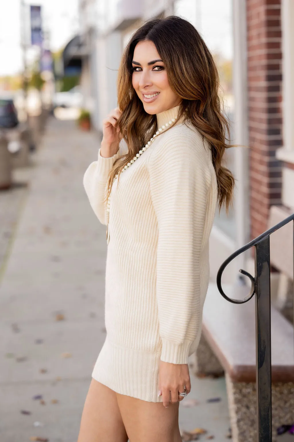 Ribbed Trim Turtleneck Sweater Dress