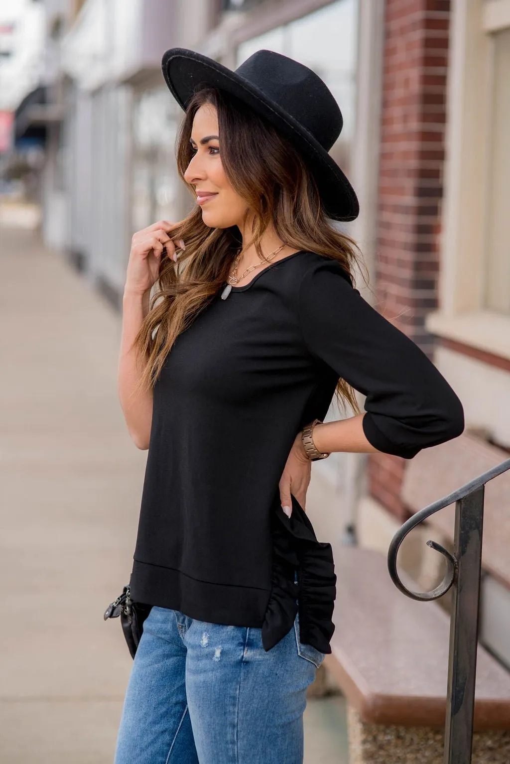 Ruffle Side Slit 3/4 Sleeve Tee