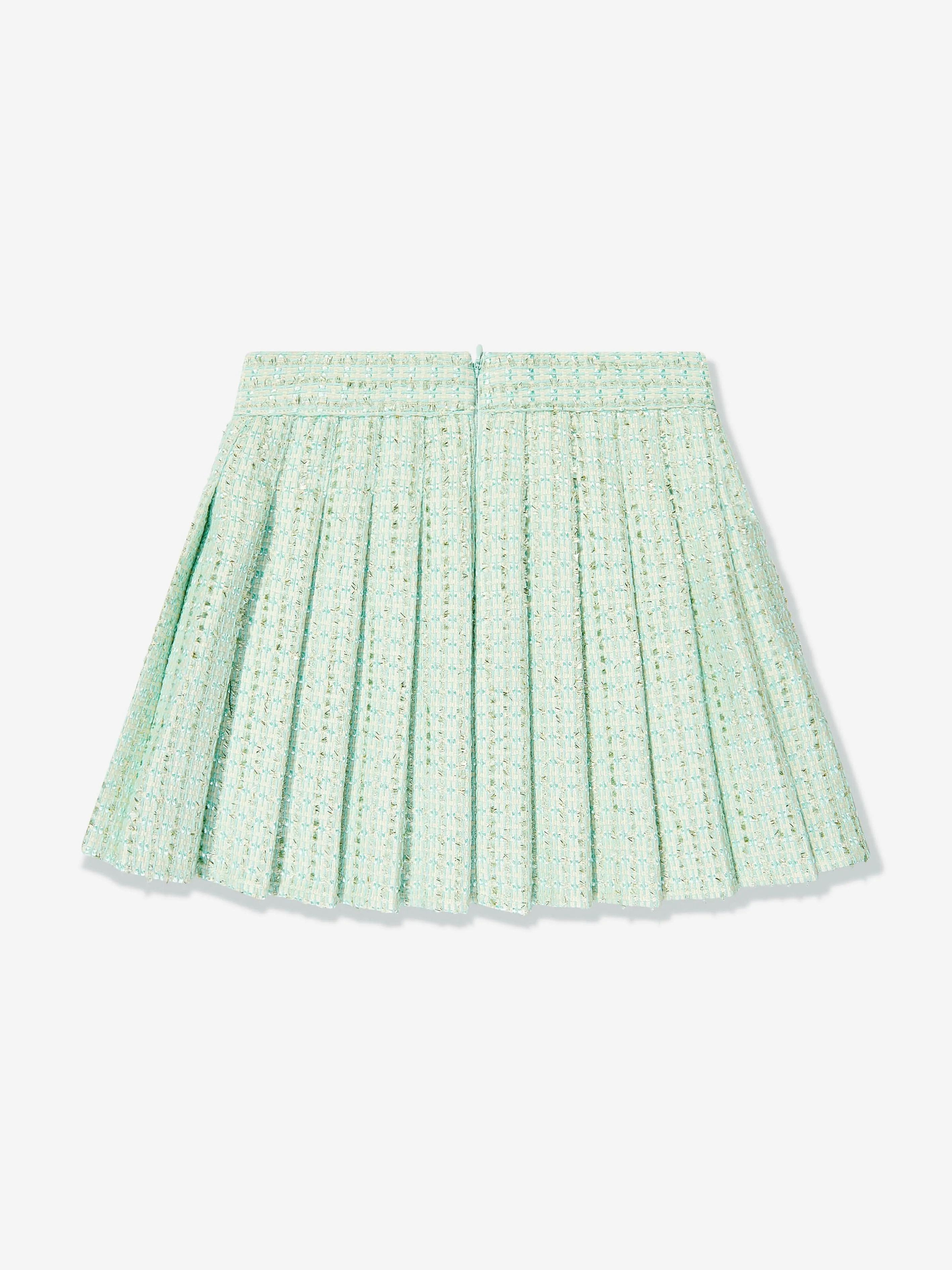 Self Portrait Girls Boucle Pleated Skirt in Green