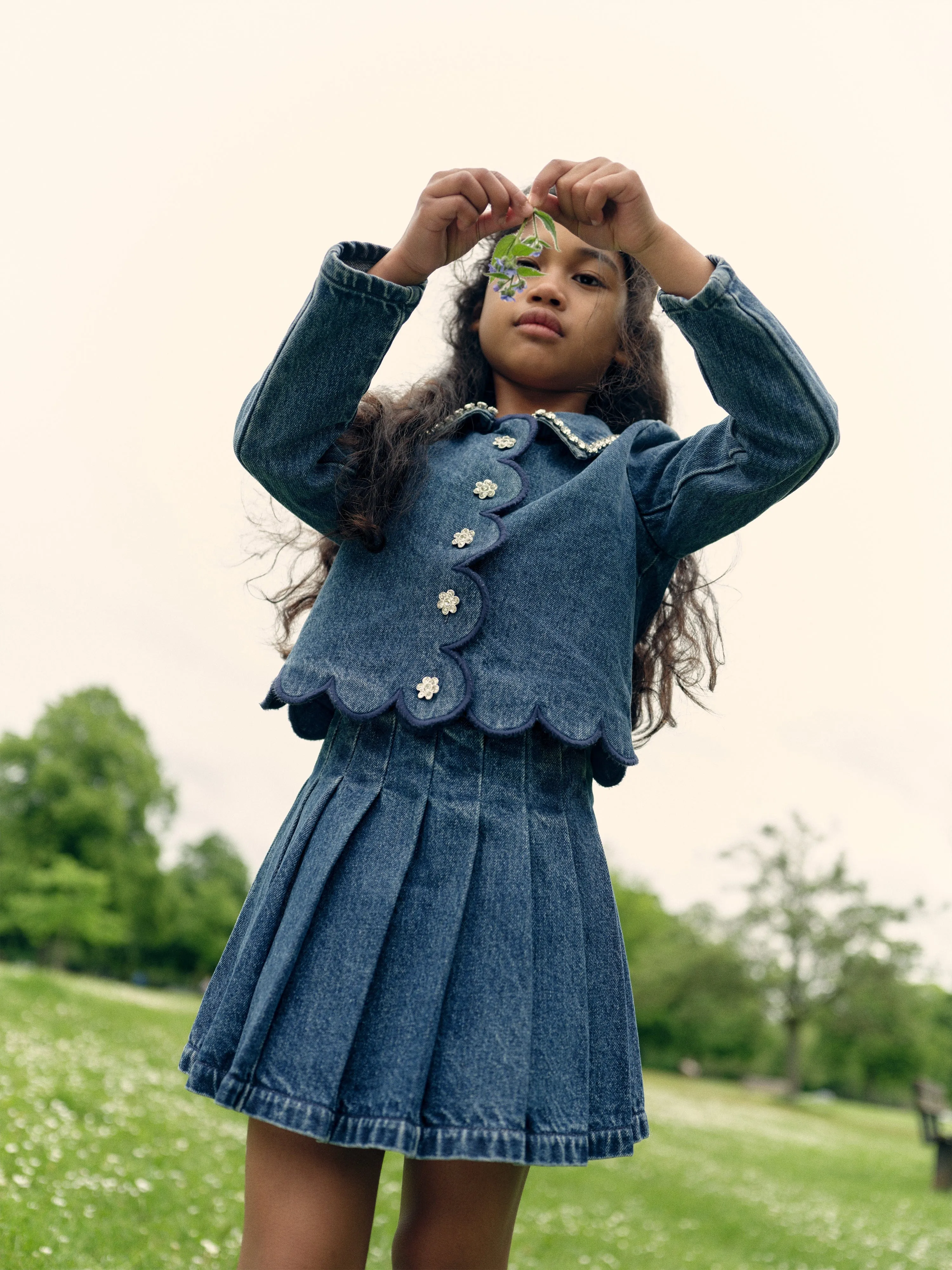 Self Portrait Girls Denim Mini Skirt in Blue