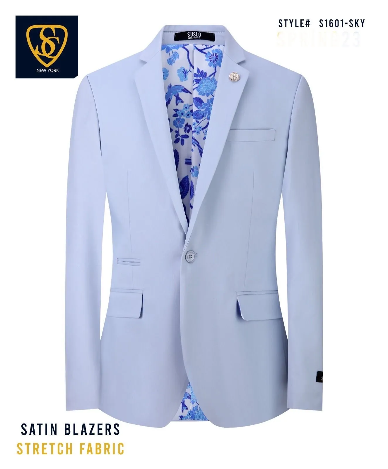 Sky Blue Men's Blazer Jacket Stretch Fabric Notch Lapel Slim-Fit Style-S1601