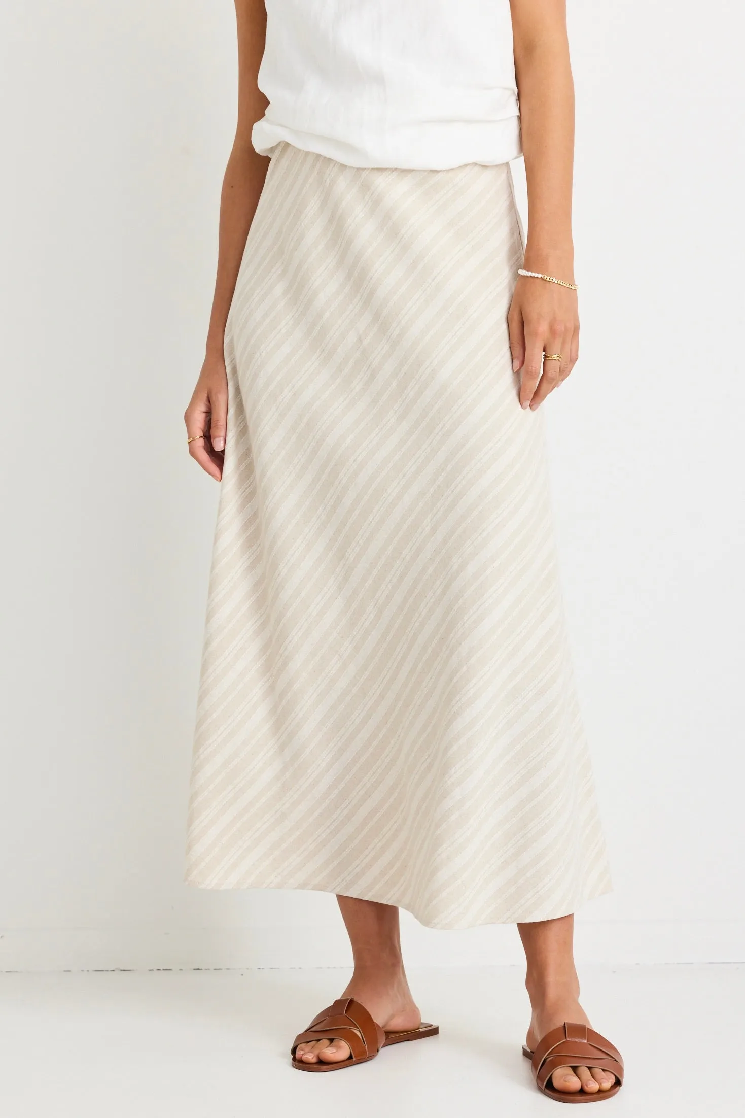 Sleek Natural Stripe Linen Bias Midi Skirt