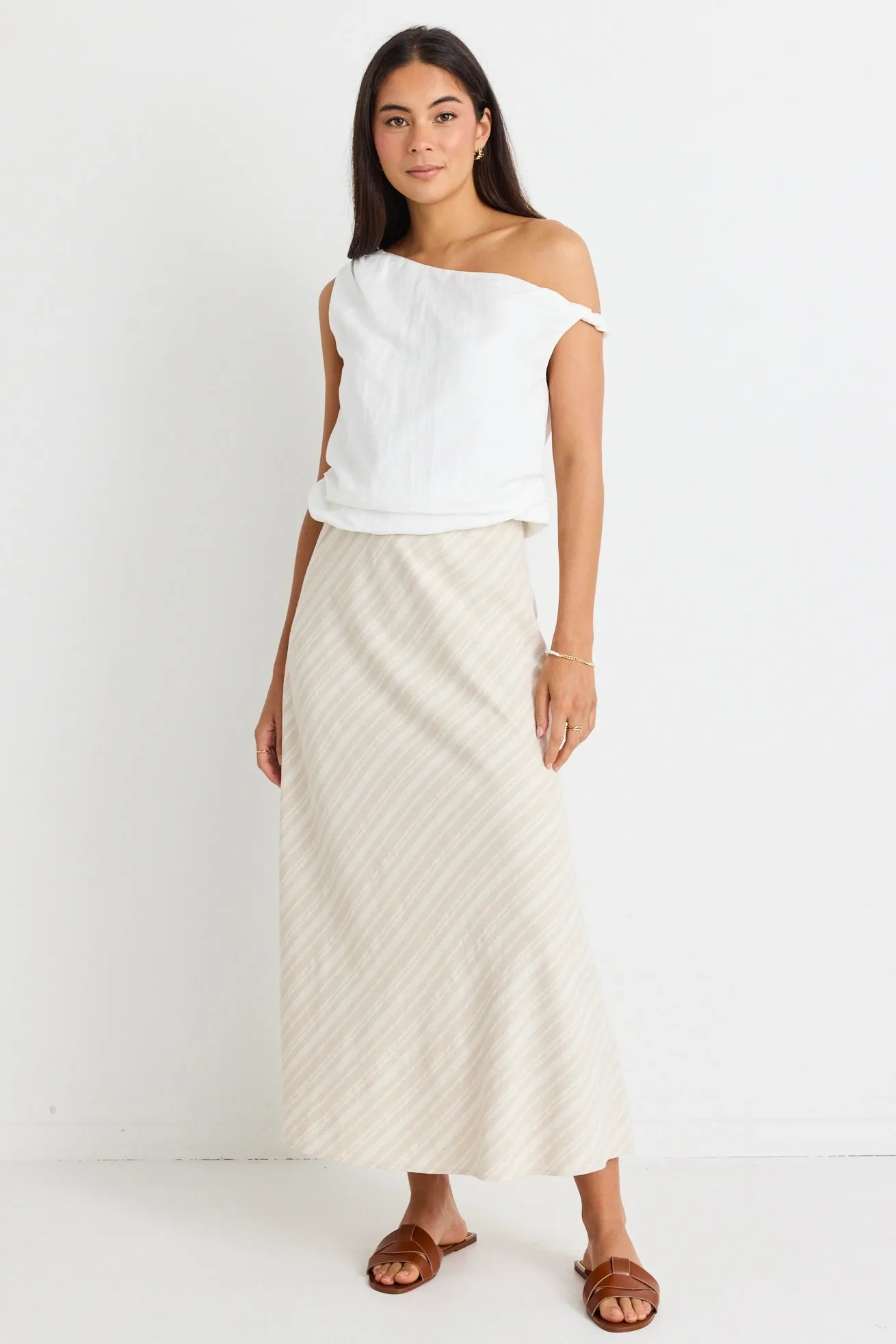 Sleek Natural Stripe Linen Bias Midi Skirt