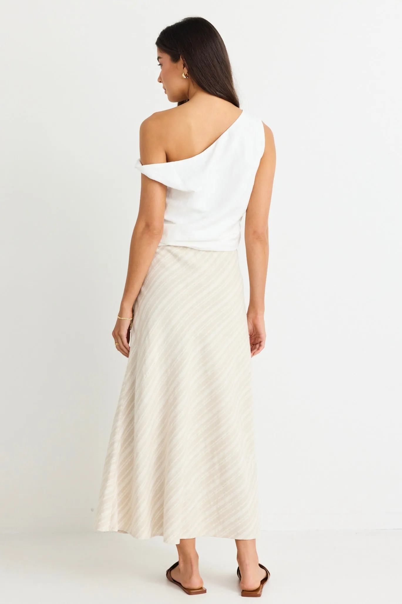 Sleek Natural Stripe Linen Bias Midi Skirt