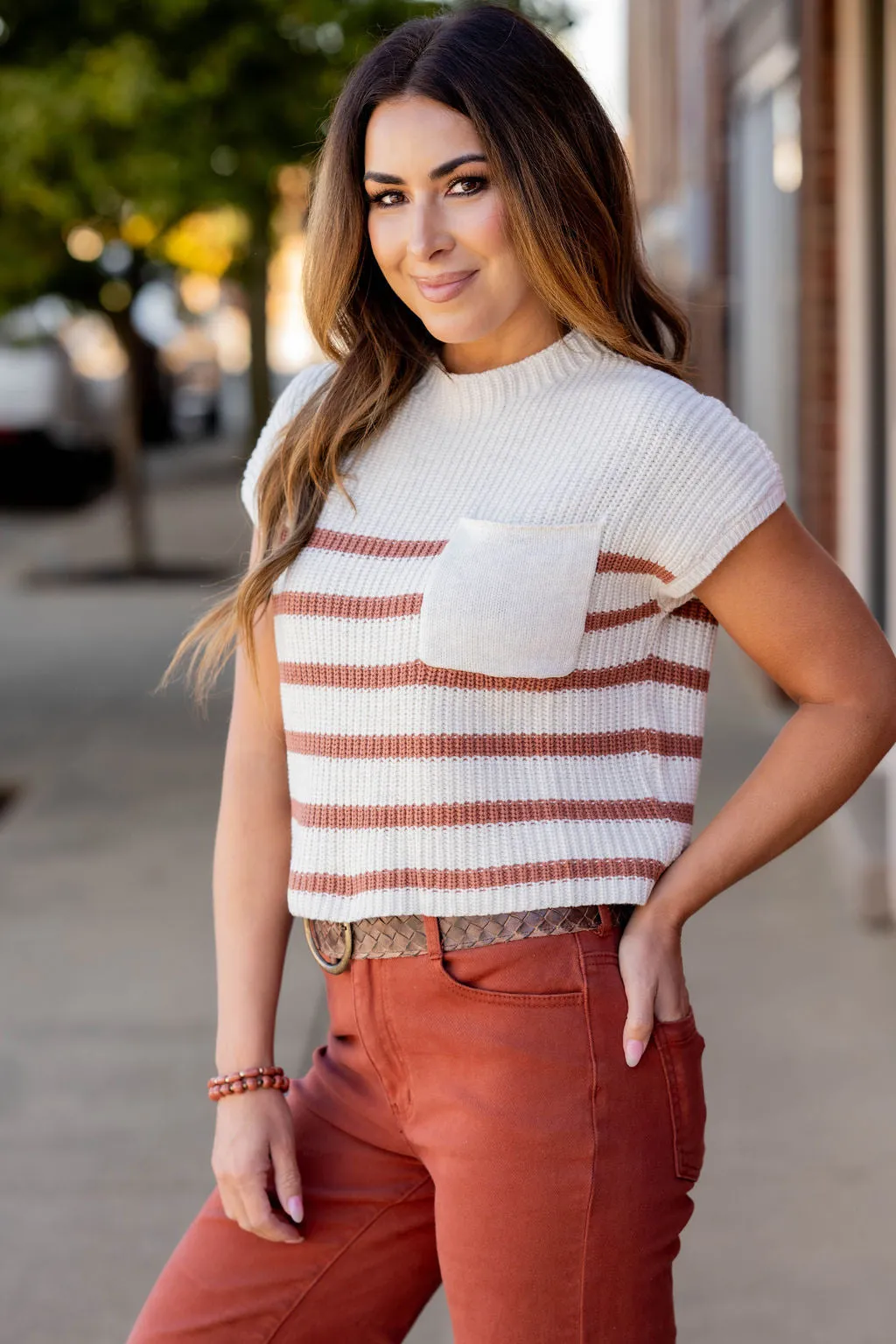 Striped Pocket Accented Short Sleeve Sweater