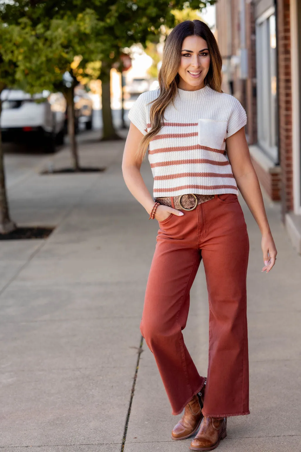 Striped Pocket Accented Short Sleeve Sweater