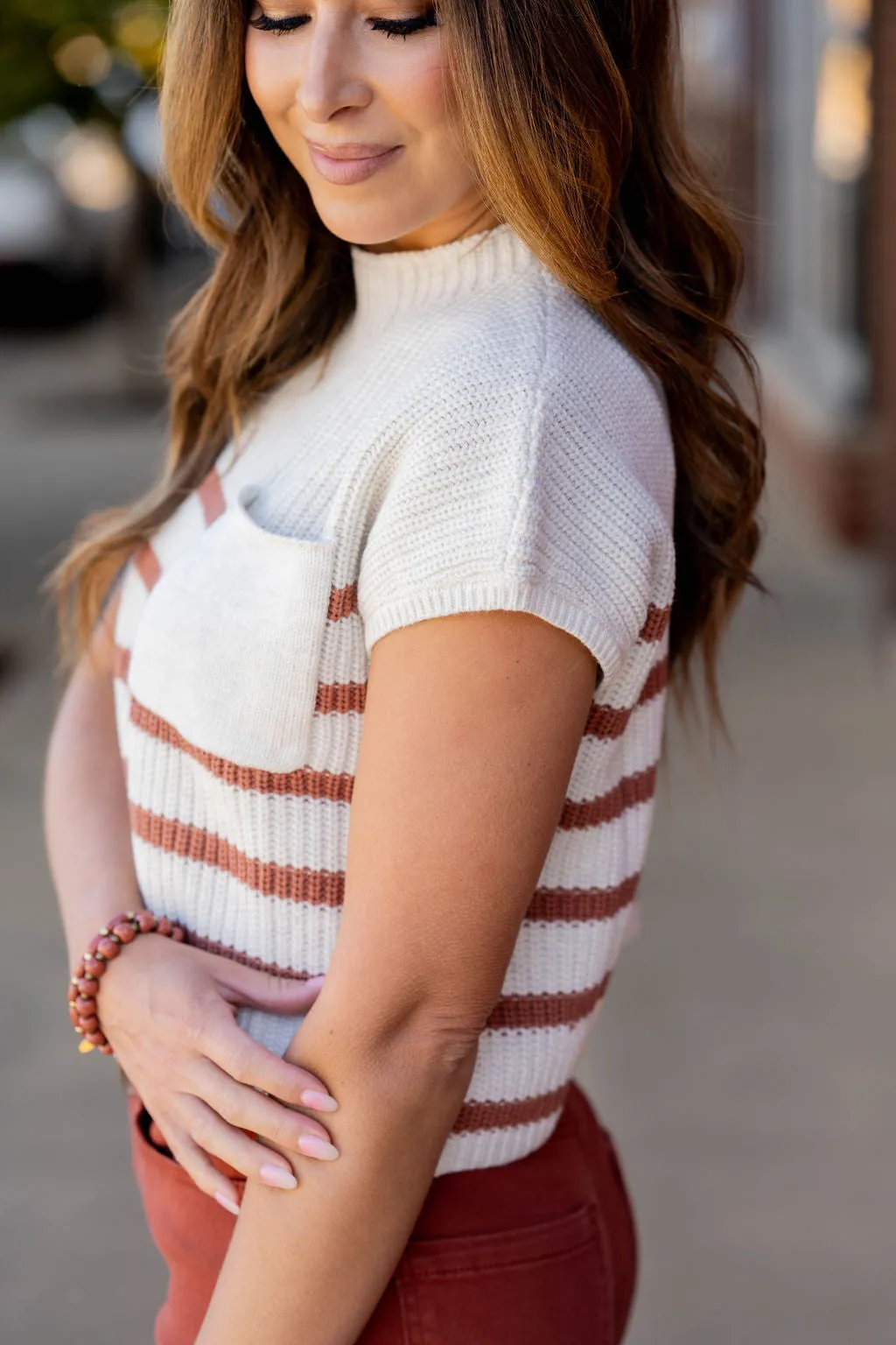 Striped Pocket Accented Short Sleeve Sweater