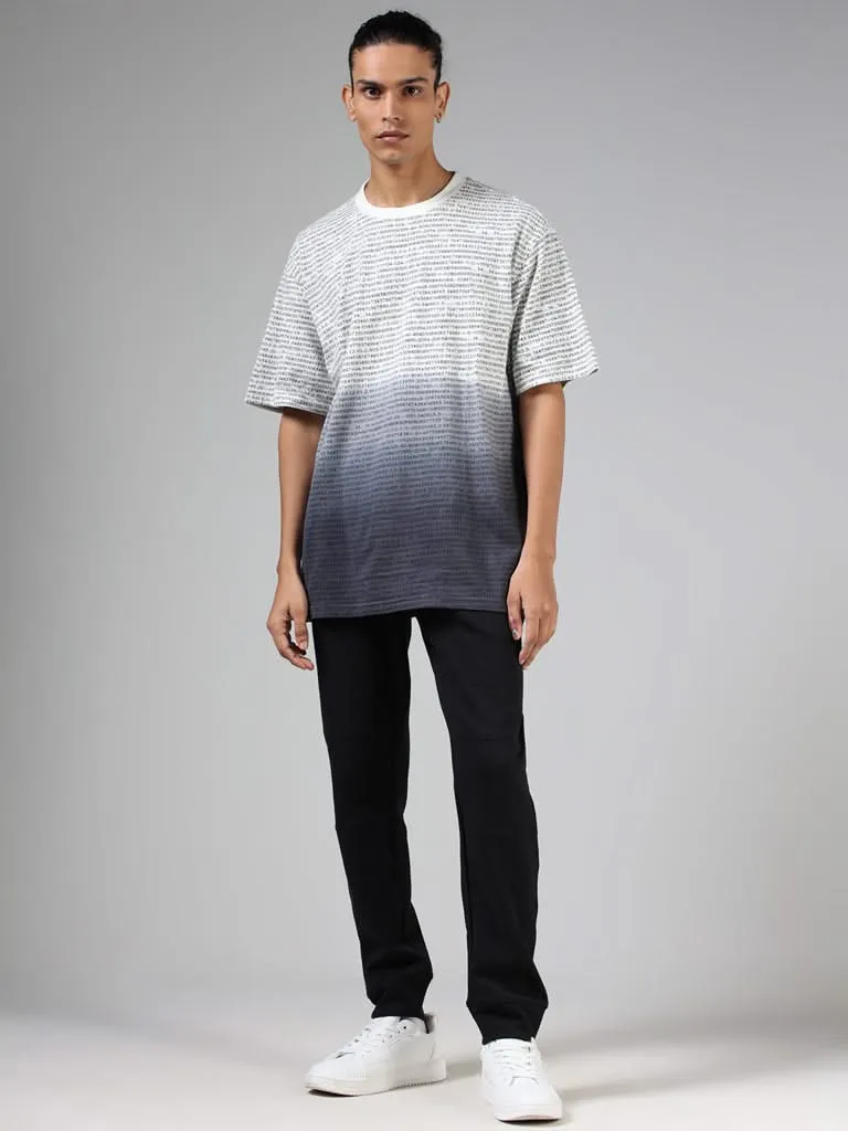 Studiofit Off White & Dark Grey Printed Cotton Relaxed-Fit T-Shirt