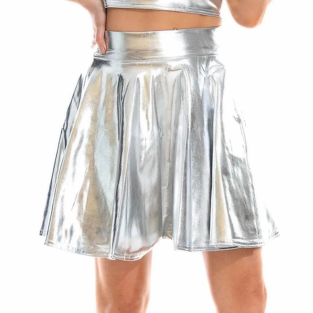 Summer Sexy Laser High Waist Mini PU Leather Skirt Club Party Dance Shiny Holographic Skirts Harajuku JK Metallic Pleated Skirts